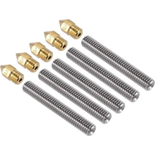 Aokin 5Pcs M6 x 40mm Stainless Steel Nozzle Throat + 5pcs 0.4mm Brass Extruder Nozzle Heads for Anet A8 MK8 Reprap 3D Printers