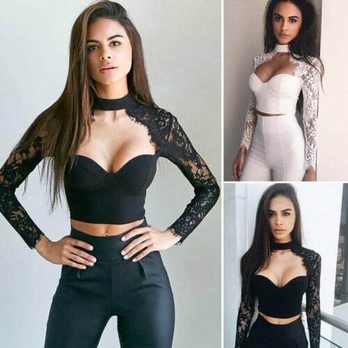 Brand Sexy Women Ladies Tops Lace Floral Bralet Top Bra Bustier Crop Top Slim Long Sleeve Clothing Crop Tops Sexy Blouse Shirt