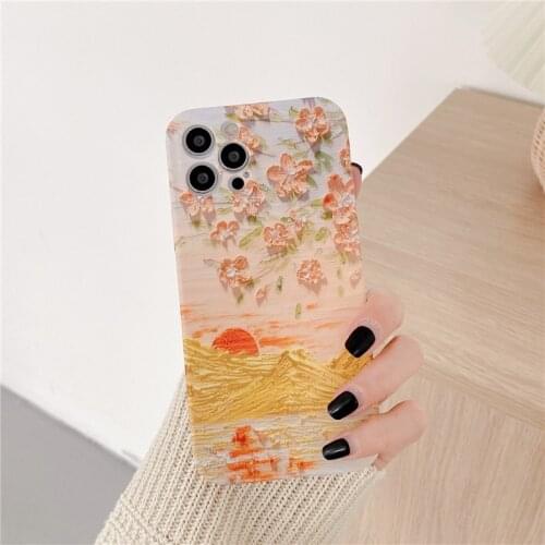 Retro sakura sunset Oil painting art Japanese Phone Case For iPhone 11 12 Pro Max Xr Xs Max 7 8 Plus 7Plus case Cute Soft Cover