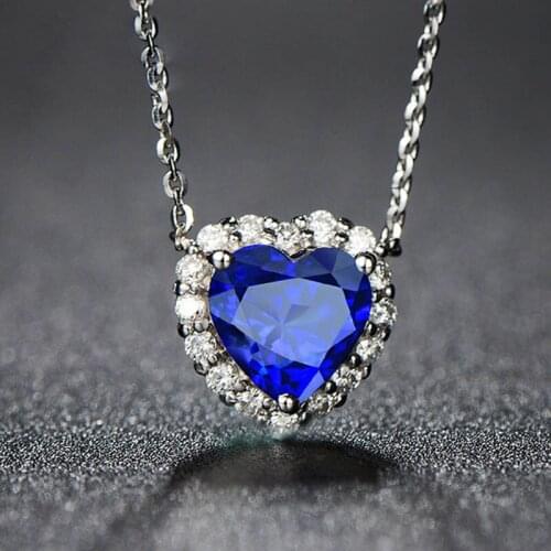BLACK ANGEL Silver Romantic Love Heart Shaped Luxury Sapphire Gemstone Necklace For Women Wedding Jewelry Valentines Day Gift