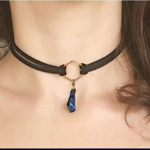 Blue titanium quartz choker hexagon choker crystal choker titanium quartz necklace short necklace geometric necklace