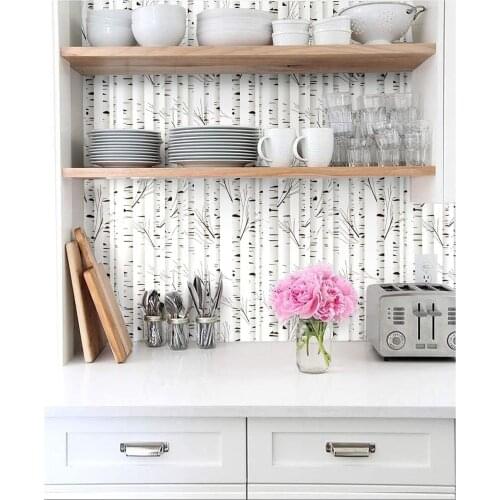 Home Peel and Stick Wallpaper Handpainting Watercolor Self-Adhesive Black White Birch Tree Prepasted Wallpaper Wall Mural