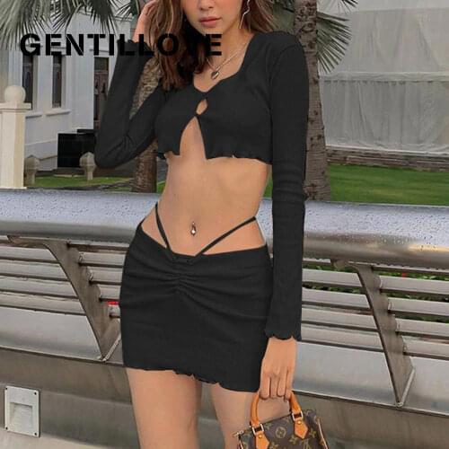 Gentillove 2021 Party Club 2Pcs Bandage Backless Long Sleeve Top Women Summer Sexy Solid Suit and Ruffles Pleated Mini Skirt