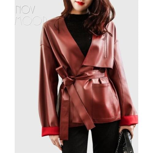 Novmoop imported super soft genuine leather sheepskin bonded with spandex knitted fabric lining women jacket elegant LT3333