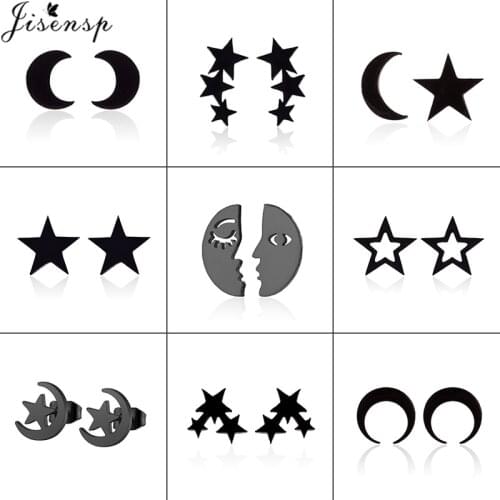 Jisensp Vintage Stainless Steel Stud Earrings Tiny Star Moon Earings for Women Bohemian Small Earing Kids Party Pendientes Gift