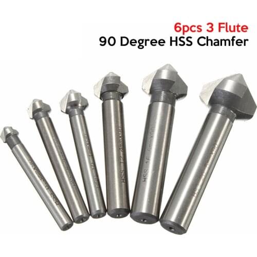Round shank 6pcs 3 Flute 90 Degree HSS Chamfer Chamfering Cutter End Mill Tool Countersink Drill Bit Set 6.3-20.5MM