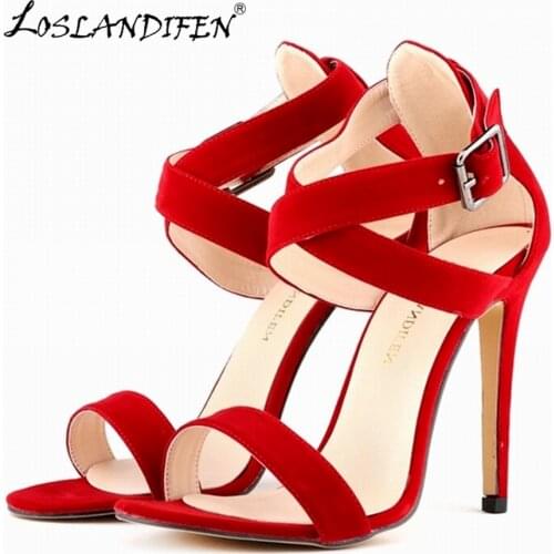 LOSLANDIFEN Sexy Women Pumps Velvet Peep Toe Ankle Strap Sandals Thin High Heels Red Wedding Dress Party Shoes Plus Size 102-4VE
