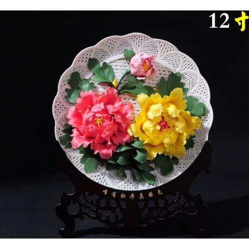 12 inch Luoyang peony disk Home Furnishing living room decoration Dehua ceramic carving handicraft art collection hanging orname
