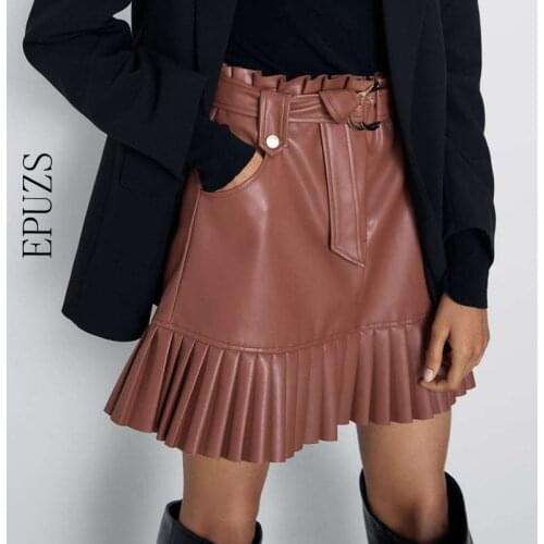 Elegant pu leather skirt women Sexy mini skirt Streetwear high waist chic belt pleated skirt korean black skirt falda mujer