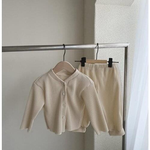 2021 Korea style girls boys 2 pcs set ribbed coat+long pants autumn cotton kids suit 0-4 years WD81