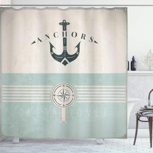 Nautical Shower Curtain Vintage Marine Design for Ocean Lovers Anchor Compass and Stripes Bathroom Decor Set with Hooks 70" Long