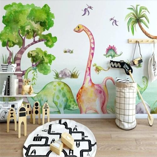 Custom Mural Wallpaper Simple Hand-Drawn Cartoon Dinosaur Animal Tropical Tree Childrens Room Background Wall Painting