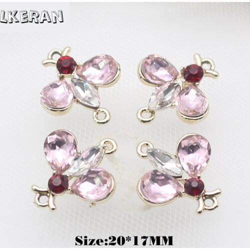 NEW 10Pc 20*17mm Mini Alloy Butterfly Pink Crystal Button DIY Wedding Dress Handmade Rhinestone Decorate Pendant Sewing Supplies