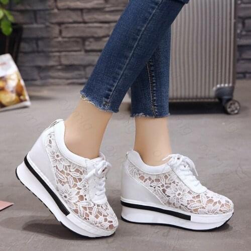 Comemore 2021 Summer New Lace Breathable Mesh Sneakers White Women Shoes Comfortable Casual Woman Platform Wedge Platform Shoes
