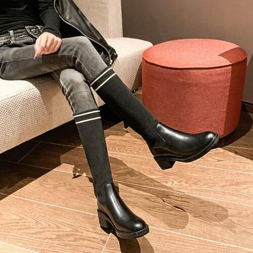 Autumn/winter 2021 New British Style Fashion Boots Women Round Toe Back Zipper Long Elastic Boots