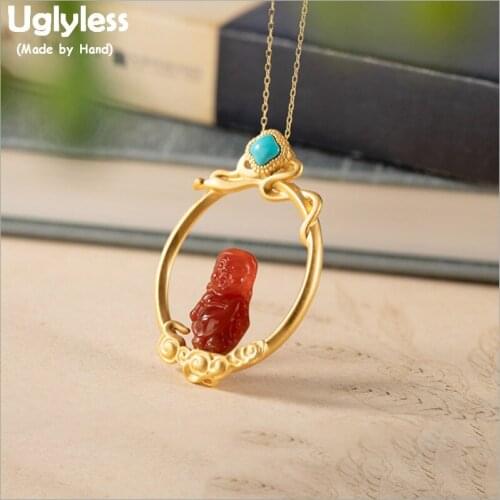 Uglyless Cuties Baby Buddha Necklaces for Women Buddhistic Real 925 Silver Hollow Circle Pendants + Chains Agate Jewelry P1077