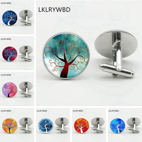 Retro Color Life Tree Men and Women Custom Shirt Cufflinks Clothing Shirt Button Cufflinks Personality Round Glass CufflinksGift