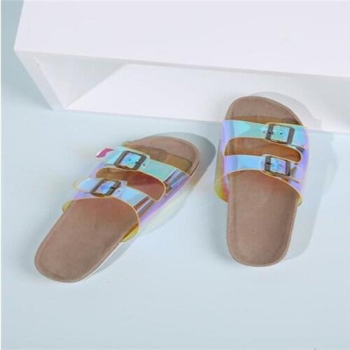 Womens shoes summer cork transparent buckle flat sandals and slippers fashion all-match beach sandals personality hot selling