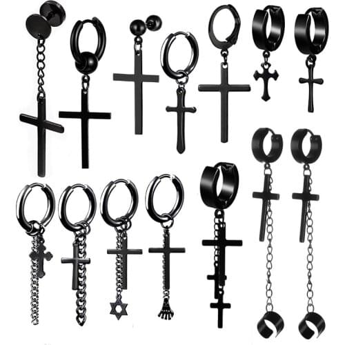 1Pair/2Pcs Simple Stainless Steel Cross Pendant Earrings For Men/Women Ear Circle Buckle Tassel Chain Gothic Punk Jewelry Gifts