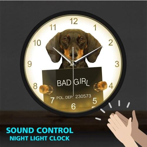 Criminal Dog Shot LED Luminous Wall Clock Sound Control Funny Prison Puppy Portrait Metal Frame Wall Watch Veterinarian Decor