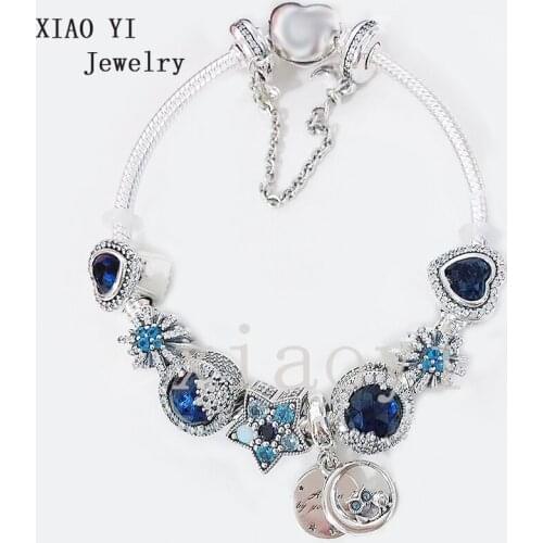 XIAOYI 2020 new 100% s925 Blue love snowflake cartoon Owl Charm gentle personality high quality Bracelet birthday gift female