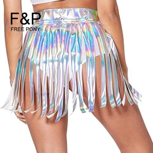 Handmade Plus Size Clothing Burning Man Festival Rave Clothes Outfits Holographic Rainbow PVC Fringe Belt Skirt Women