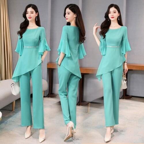 Women Petal Sleeve Two Pieces Clothes Summer Blouse Sets Elegant Lady Short Sleeve Suits Set with Pants