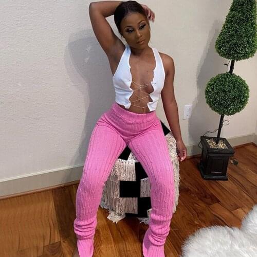 Women Stacked Knitted Pant Leggings 2021Autumn Winter Sporty Elastic High Waist Pants Solid Casual Skinny Fitness Streetwear