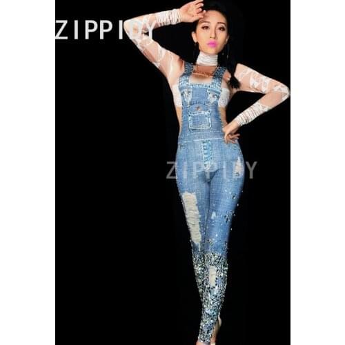 Bright Stones Jeans Printed Jumpsuit Rhinestones Skinny Leggings Nightclub Show Womens Birthday Party Prom DS Outfit Stage Wear