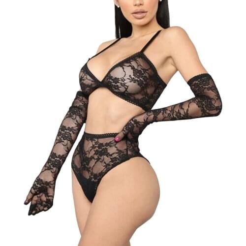 Four Piece Womens Lingerie Set Sexy Solid Color Lace Bra and High Waist Panty with Separated Sleeves