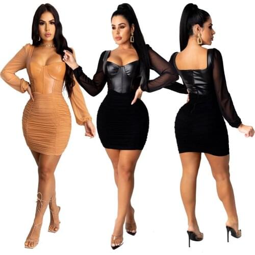 2020 Autumn Bodycon Dress Woman Long Sleeve Square Neck PU Leather Sheer Mesh Patchwork Pleated Dress Night Club Dresses Wear