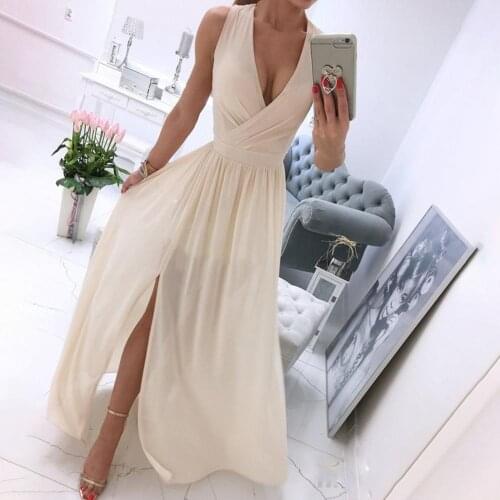 Women Sleeveless Chiffon Maxi Summer Dress Sexy Deep V Neck Front Split Elegant Pink White Party Holiday Long Dresses XXL Robe