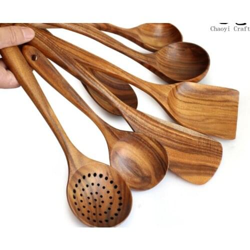 1PC Teak Wood Turner Spatula Rice Leaky Spoon Soup Scoop Non Stick Cooking Utensils Wooden Spatula Slotted Turner Set OK 1205