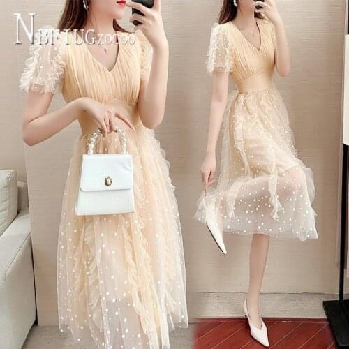 2020 Women Summer Slim Temperament Women Dress V Neck Short Sleeve Female Fairy Dresses