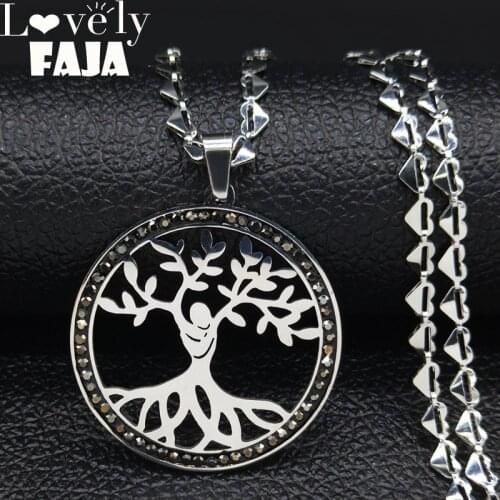 2021 Fashion Black Color Crystal Stainless Steel Chain Necklace Women Tree of Life Necklaces Pendants Jewelry collares N19248S03