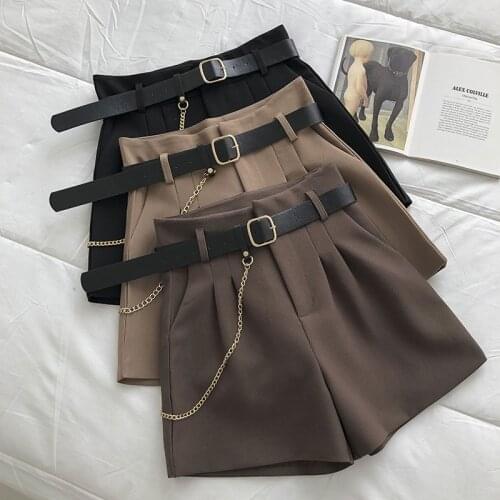 2021 Vintage Korea Chain Suit Shorts Women Summer All-match Sashes Wide Leg Shorts Office Ladies High Waist A-Line Casual Shorts