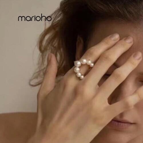 Baroque Gold Color Metal Hollow Pearl Ring For Women Romance Geometric Finger Ring Simple Statement Wedding Party Jewelry