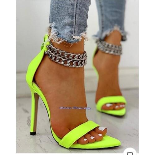 New Spring Summer Metal Chains Ankle Wrapped Narrow Band Neon Green Pointed Toed High Heel Sandals Women Summer Dress shoes