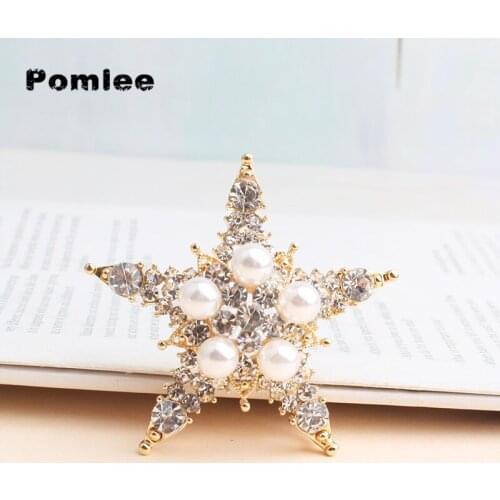 Pomlee Pearl Rhinestone Star Brooches for Women Vintage Alloy Pins Coat Brooch Shining Elegant Handbag Accessories High Quality