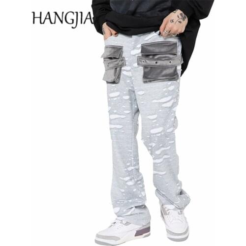 Washed Destroyed Flare Joggers Mens Hip Hop Velvet Pockets Casual Micro Flared Sweatpants Women Streetwear Slim Fit Trousers