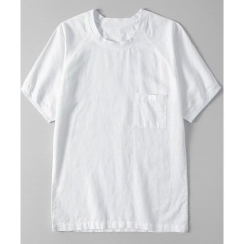 Cotton Linen T Shirt Men O-Neck Short Sleeve T-Shirt Casual Single Pocket Tees Tops Y1926