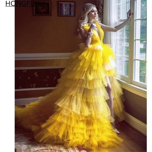 HONGFUYU Princess Cinderella Evening Dresses Ball Gown High Low Tiered Puff Tulle Long Prom Party Dress vestidos de noche Yellow