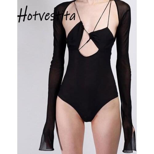 Hotvestita 2021 New Women Fashion Black Bodysuits Sexy Hollow Out Patchwork Mesh Long Sleeve Bodycon Body Top Jumpsuits Clubwear