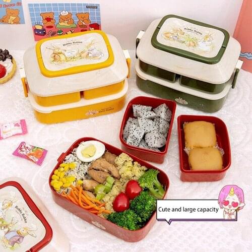 Cute Childrens Bento Box Portable Double-Layer Independent Large-Capacity Microwave Oven Picnic School Lunch Fruit Food Storage