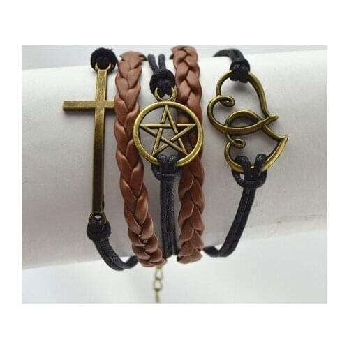 Fashion Vintage Cross Star Double Heart Charms Leather Cuff Bracelet Multilayer Braided Rope Bangle Wristbands Men Jewelry Gift
