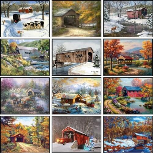 Embroidery Counted Cross Stitch Kits Needlework - Crafts 14 ct DMC Color DIY Arts Handmade Decor - Covered Bridge Collection