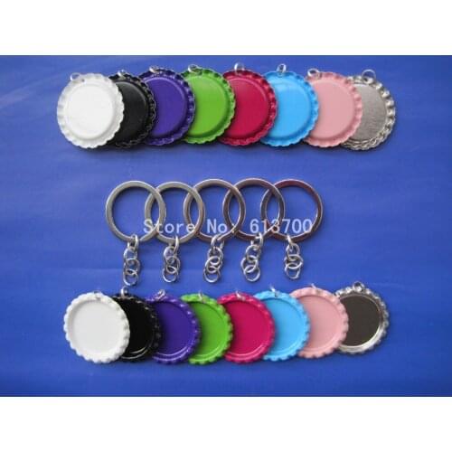 Wholesale Mix Order 200 Pcs With Hole Flattened two Side Colored Bottle caps +200 pcs key Chain key ring For Car Keychain