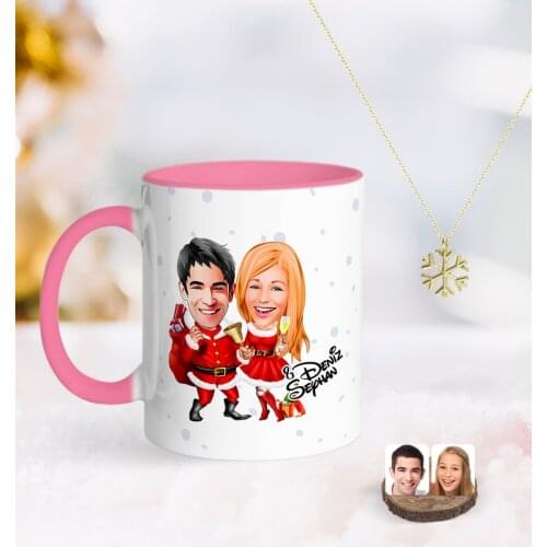Personalized New Year Valentine Caricature Of Pink mug And Snow Them Kolye-3