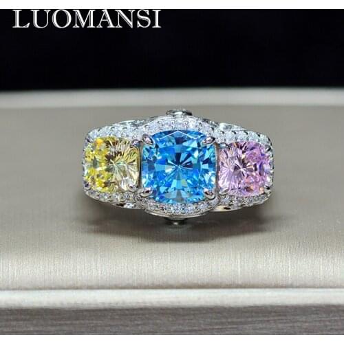 Luomansi Luxury Sapphire Pink Yellow 3 Diamond Ring S925 Silver Woman Ring Jewelry Wedding Party Gift Wholesale