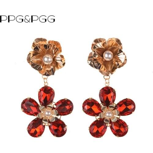 PPG&PGG New Red color women statement Glass flower earring fashion vintage gold color Simulated Pearl stud Earrings Wholesale